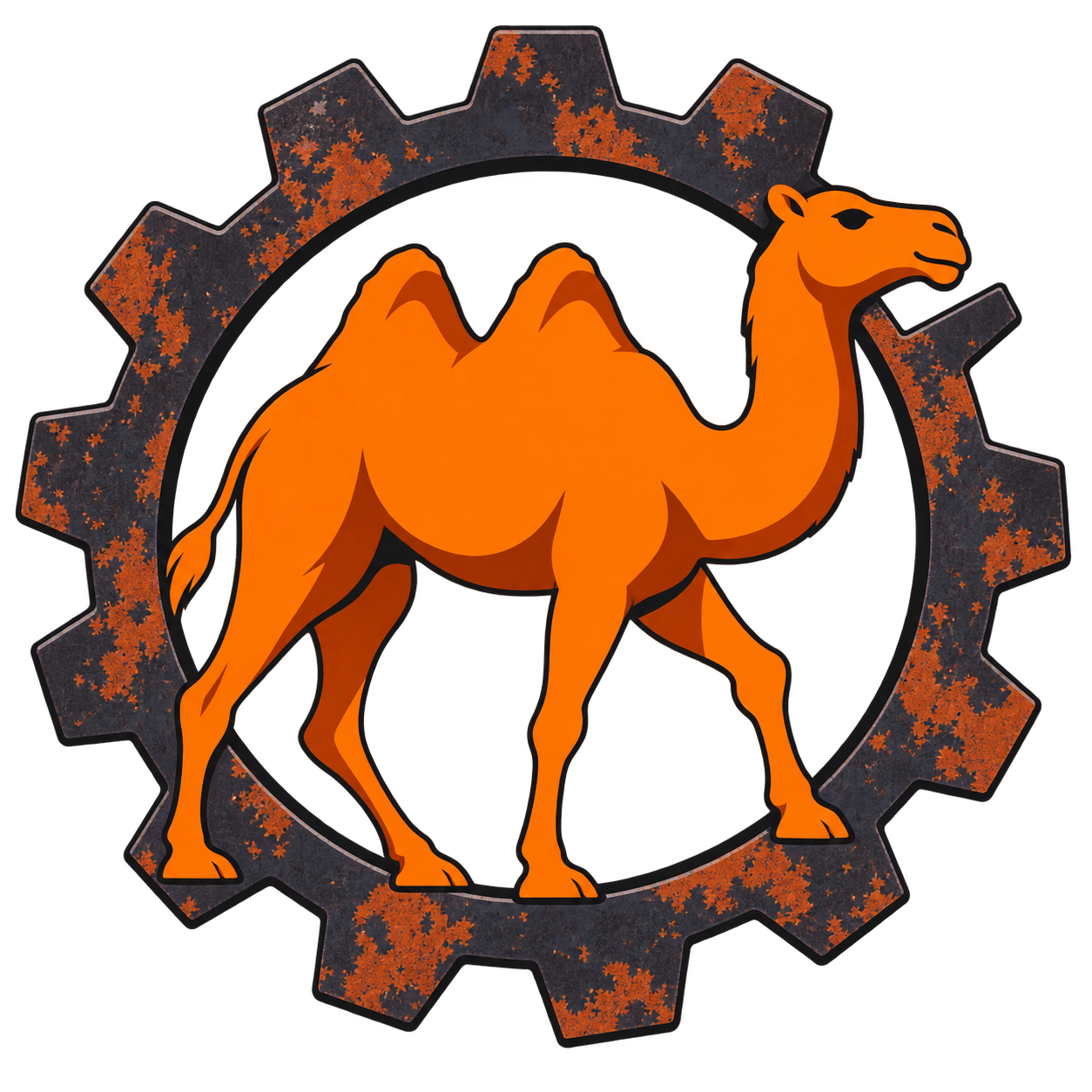 A geometric orange camel framed by a rusted gear